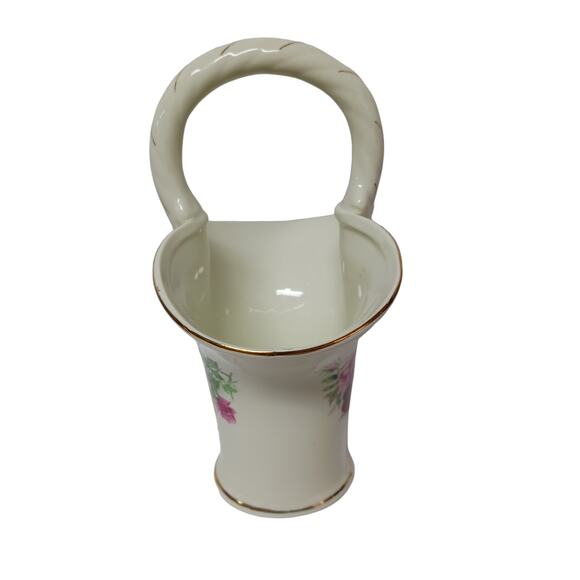 Formalities Style Ceramic Basket Vase Red Pink Rose Handle Gold Accent Decor VTG - Picture 5 of 15